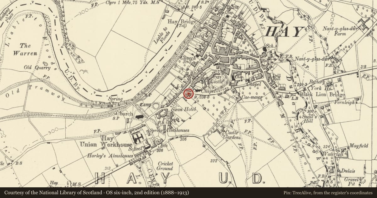 Ordnance Survey six-inch map, 2nd edition (1888–1913) covering the location of Radnor House, including the former No.1 Oxford Road, Hay, Powys, with a pin at the register's coordinates