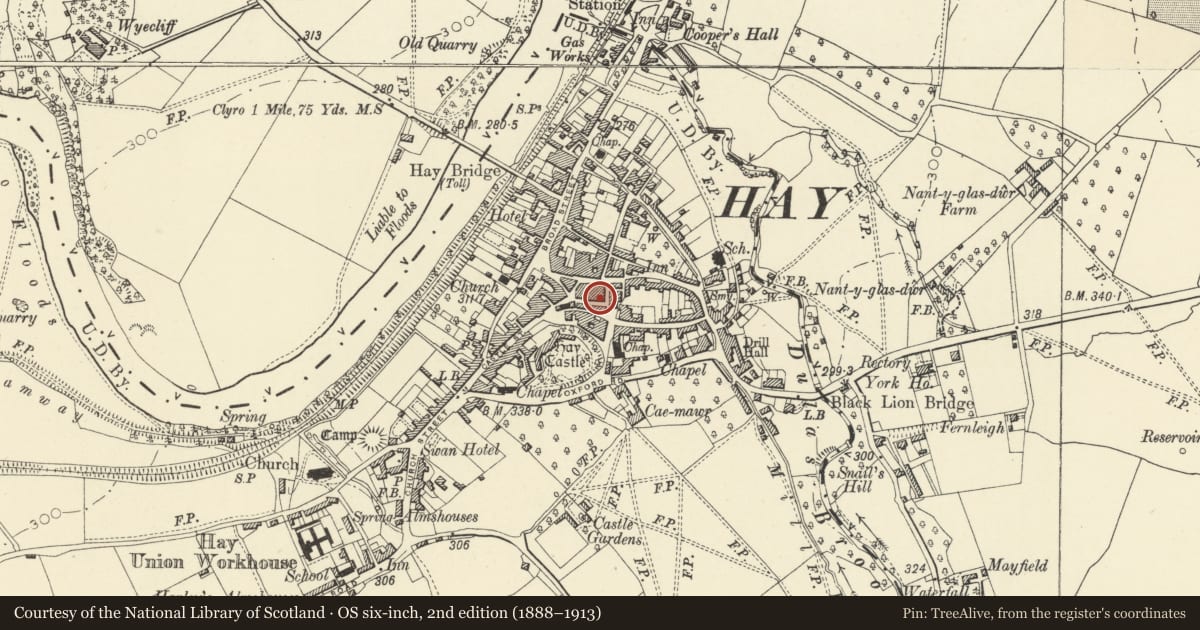 Ordnance Survey six-inch map, 2nd edition (1888–1913) covering the location of Compton Hous including Oxfam and Hayfever, Powys, with a pin at the register's coordinates