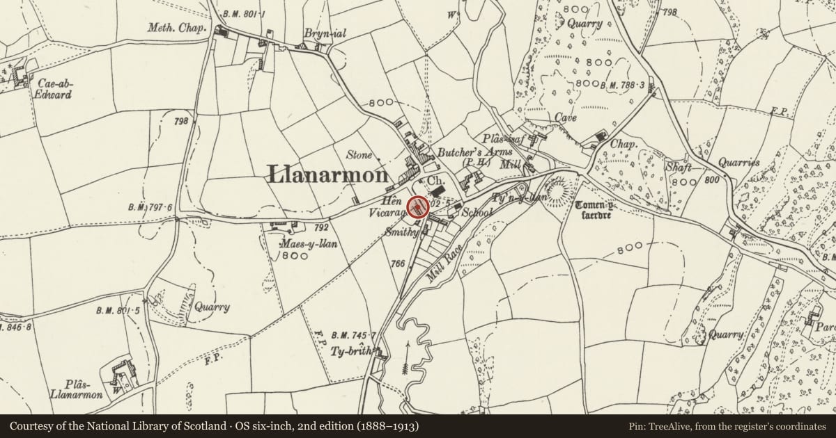 Ordnance Survey six-inch map, 2nd edition (1888–1913) covering the location of The Old Vicarage, Llanarmon-yn-Ial, Denbighshire, with a pin at the register's coordinates