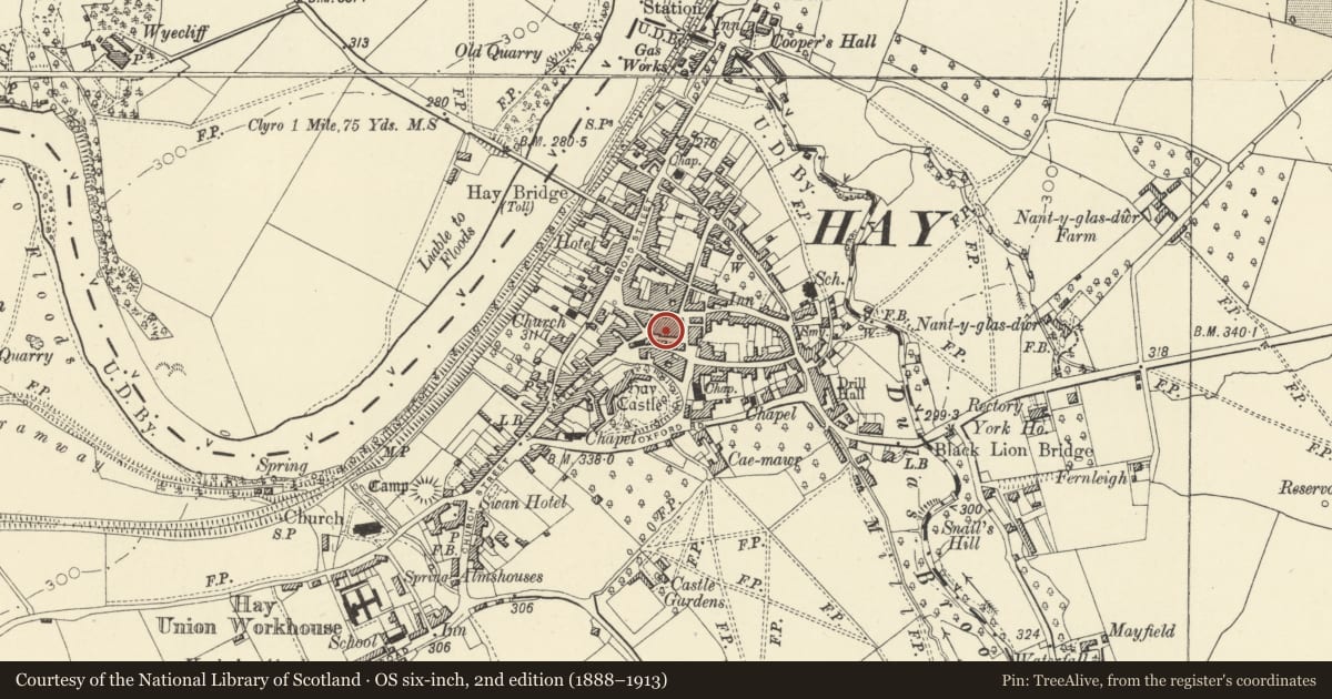 Ordnance Survey six-inch map, 2nd edition (1888–1913) covering the location of Hay On Wye Post Office, Powys, with a pin at the register's coordinates