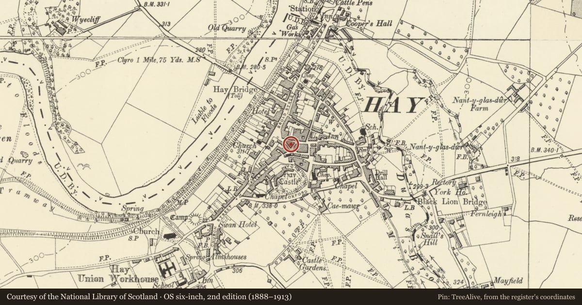 Ordnance Survey six-inch map, 2nd edition (1888–1913) covering the location of Quinto of Hay, Powys, with a pin at the register's coordinates