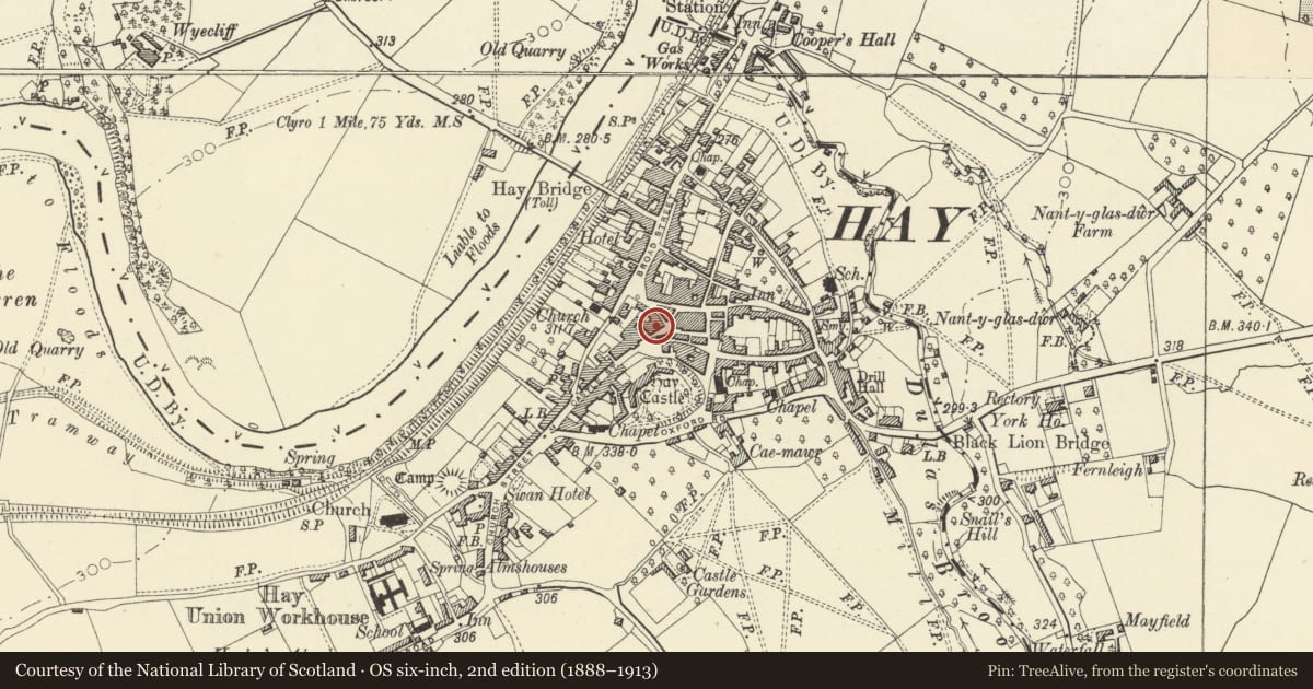Ordnance Survey six-inch map, 2nd edition (1888–1913) covering the location of Crown House including Gemini, Hay, Powys, with a pin at the register's coordinates