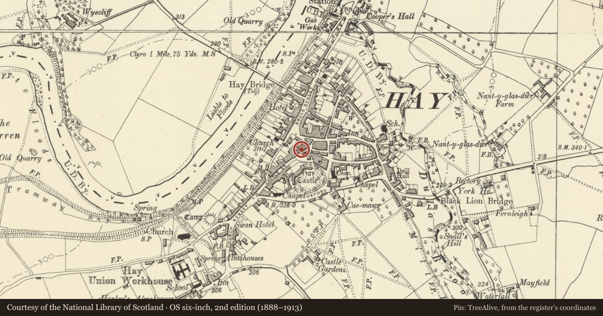 Ordnance Survey six-inch map, 2nd edition (1888–1913) covering the location of Mayall, Hay, Powys, with a pin at the register's coordinates