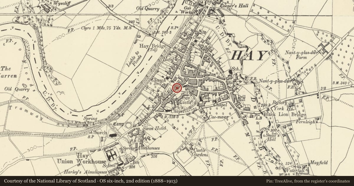 Ordnance Survey six-inch map, 2nd edition (1888–1913) covering the location of River Wye Booksellers, Hay, Powys, with a pin at the register's coordinates