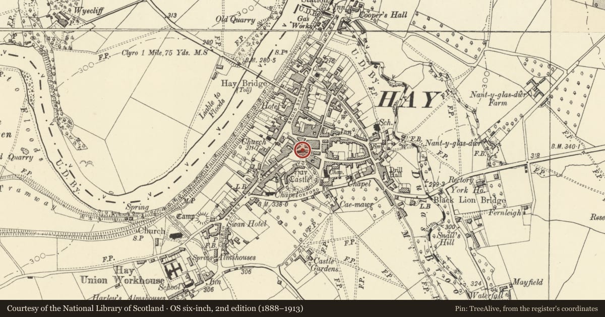 Ordnance Survey six-inch map, 2nd edition (1888–1913) covering the location of Paris House including Gwilliam, Hay, Powys, with a pin at the register's coordinates