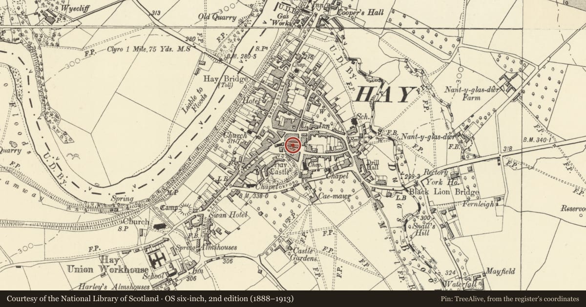 Ordnance Survey six-inch map, 2nd edition (1888–1913) covering the location of Grove House, Hay, Powys, with a pin at the register's coordinates