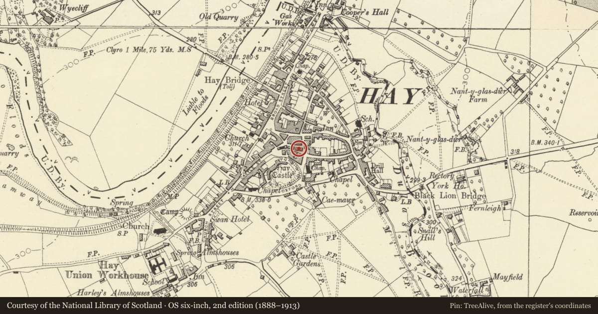 Ordnance Survey six-inch map, 2nd edition (1888–1913) covering the location of Scotland House including Tea Shop and Just Hair, Hay, Powys, with a pin at the register's coordinates