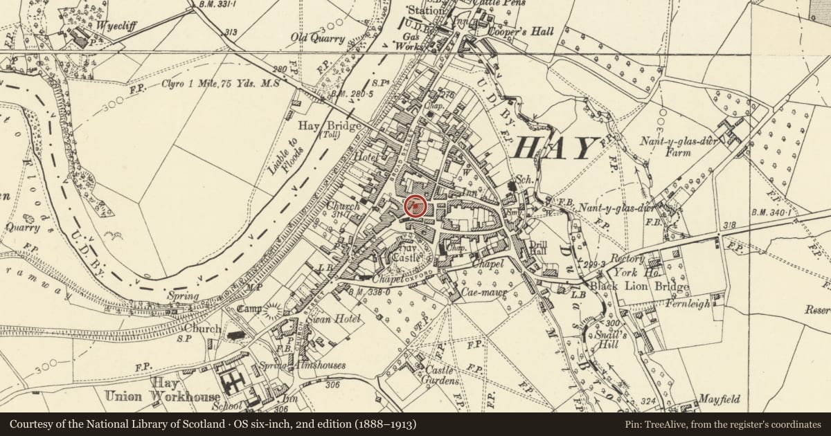 Ordnance Survey six-inch map, 2nd edition (1888–1913) covering the location of Ich Dien Dairy Ice-Cream, Hay, Powys, with a pin at the register's coordinates