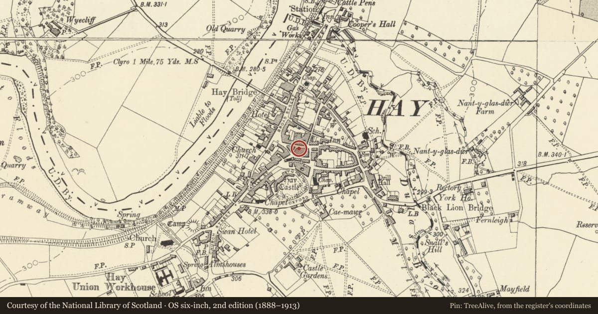 Ordnance Survey six-inch map, 2nd edition (1888–1913) covering the location of Hay Whole Foods Delicatessen, Powys, with a pin at the register's coordinates