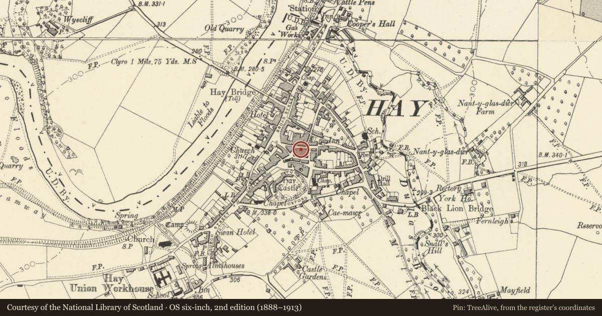 Ordnance Survey six-inch map, 2nd edition (1888–1913) covering the location of Mike & Lin Harris, Hay, Powys, with a pin at the register's coordinates