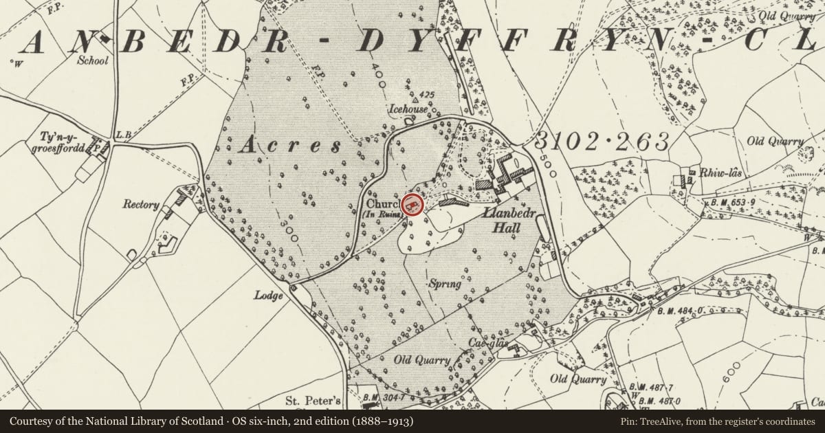 Ordnance Survey six-inch map, 2nd edition (1888–1913) covering the location of Old Church of St Peter, Llanbedr Dyffryn Clwyd, Denbighshire, with a pin at the register's coordinates