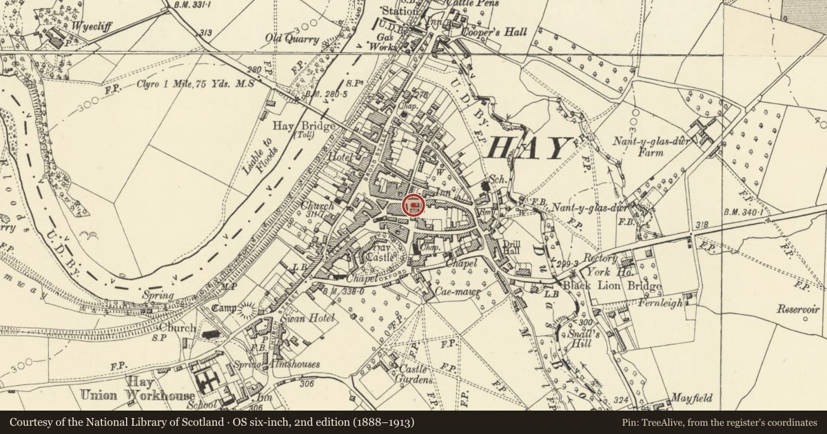 Ordnance Survey six-inch map, 2nd edition (1888–1913) covering the location of St John's Chapel, Hay, Powys, with a pin at the register's coordinates