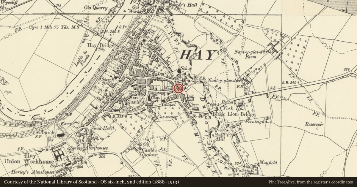 Ordnance Survey six-inch map, 2nd edition (1888–1913) covering the location of The Old Black Lion PH, Hay, Powys, with a pin at the register's coordinates