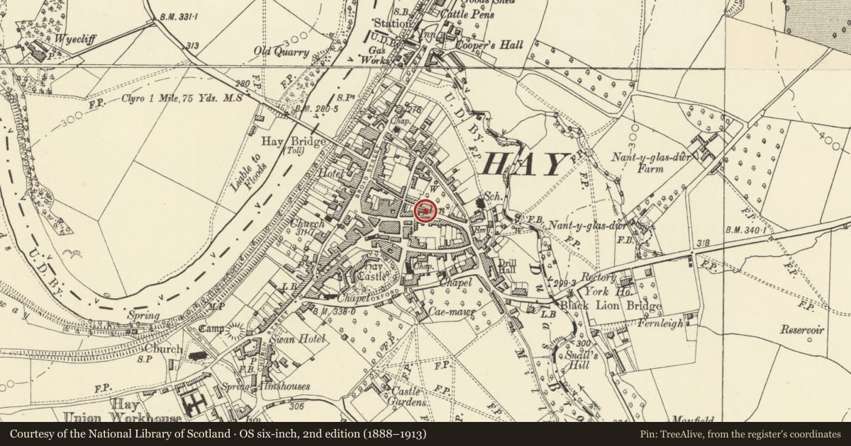 Ordnance Survey six-inch map, 2nd edition (1888–1913) covering the location of Half Moon House, Hay, Powys, with a pin at the register's coordinates