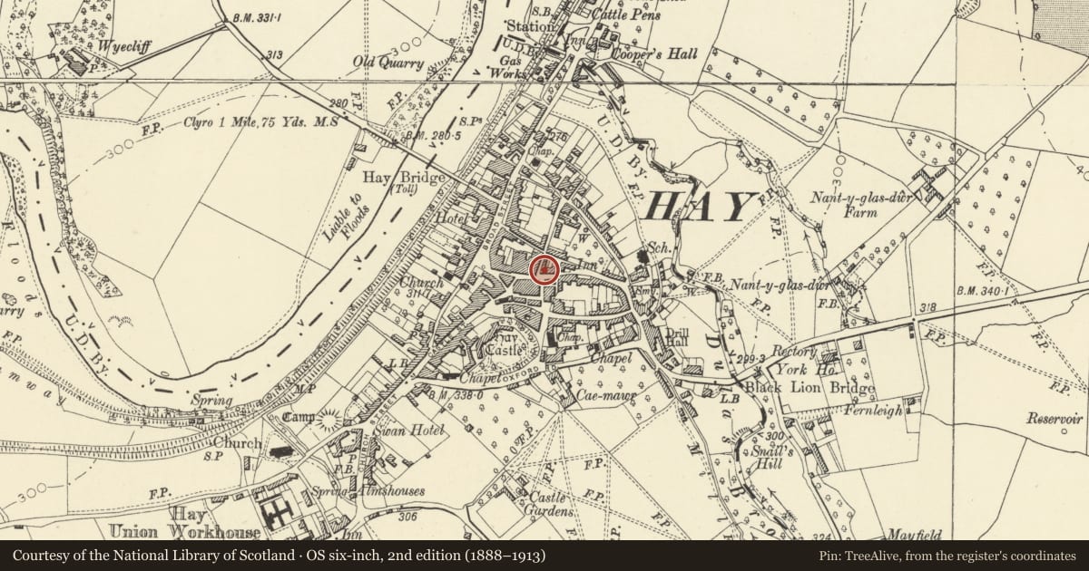 Ordnance Survey six-inch map, 2nd edition (1888–1913) covering the location of The Wheatsheaf Inn PH, Hay, Powys, with a pin at the register's coordinates