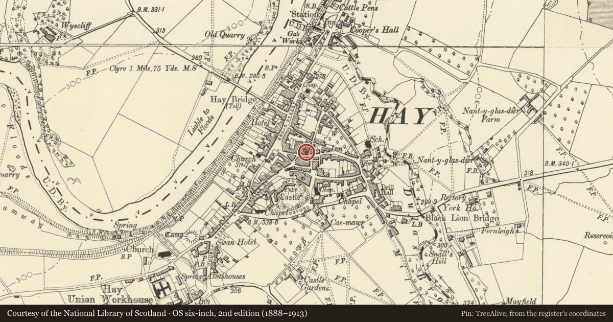 Ordnance Survey six-inch map, 2nd edition (1888–1913) covering the location of 39 Lion Street, Hay, Powys, with a pin at the register's coordinates