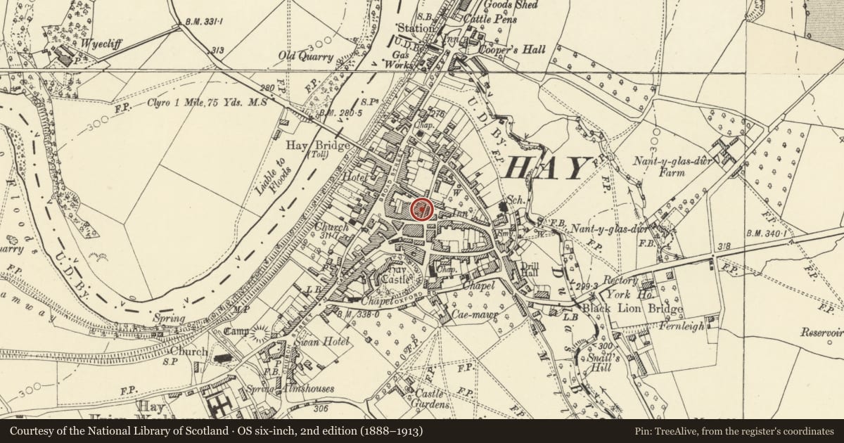 Ordnance Survey six-inch map, 2nd edition (1888–1913) covering the location of Warehouse to rear of 39 Lion Street, Hay, Powys, with a pin at the register's coordinates