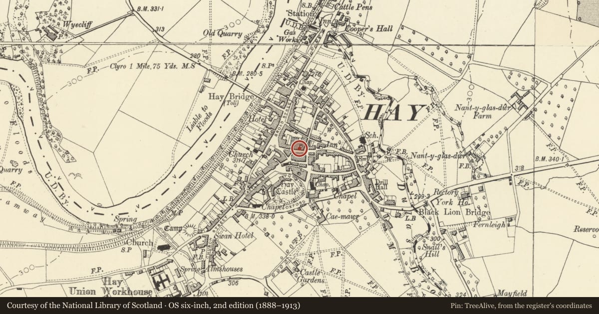 Ordnance Survey six-inch map, 2nd edition (1888–1913) covering the location of 40 Lion Street, Hay, Powys, with a pin at the register's coordinates