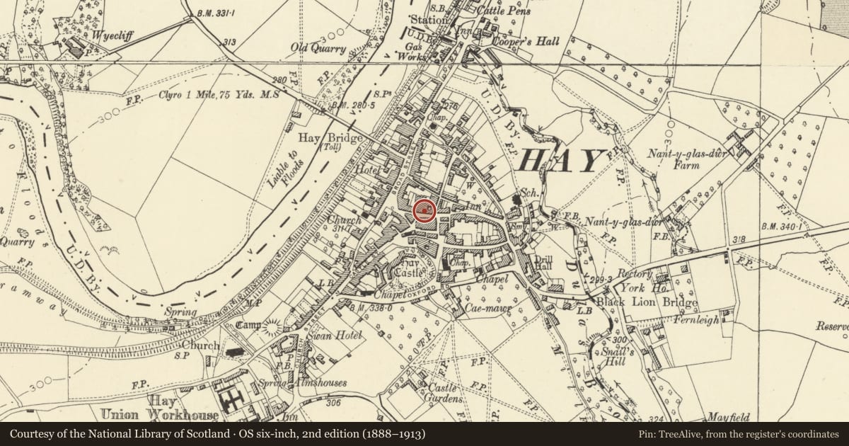 Ordnance Survey six-inch map, 2nd edition (1888–1913) covering the location of 41 Lion Street, Hay, Powys, with a pin at the register's coordinates