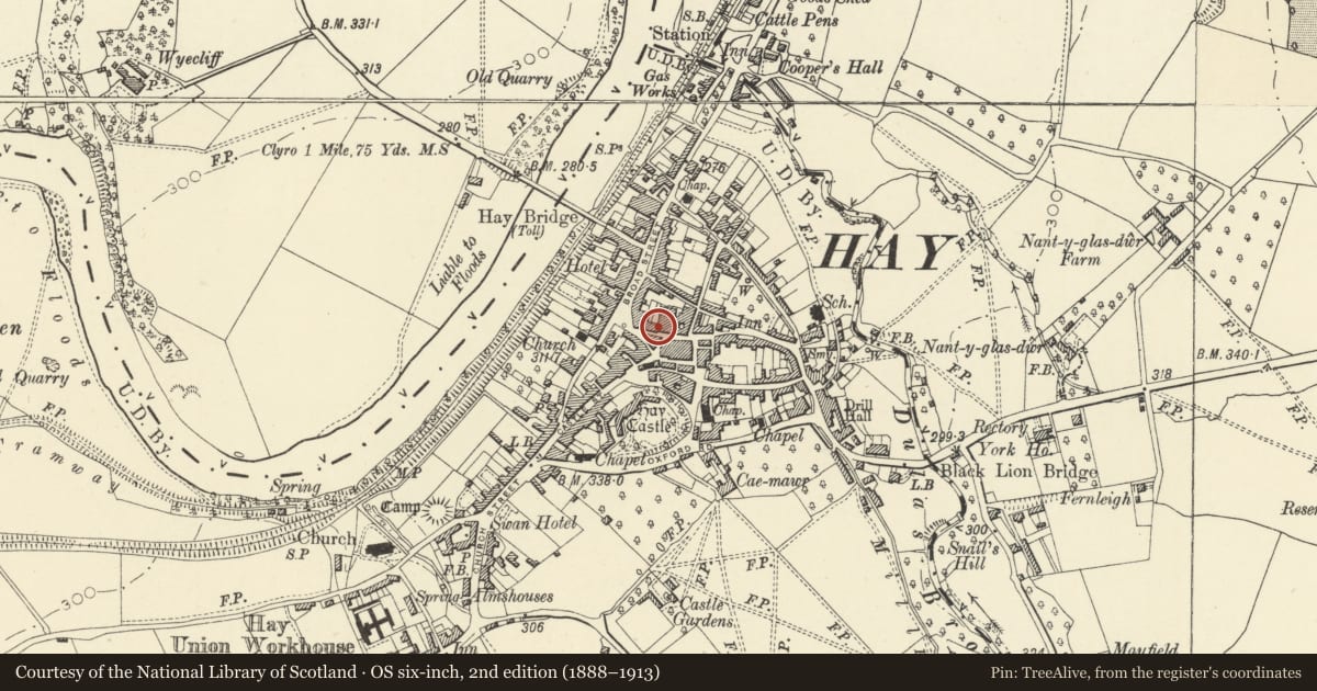 Ordnance Survey six-inch map, 2nd edition (1888–1913) covering the location of 44 Lion Street (2 storey range only), Hay, Powys, with a pin at the register's coordinates
