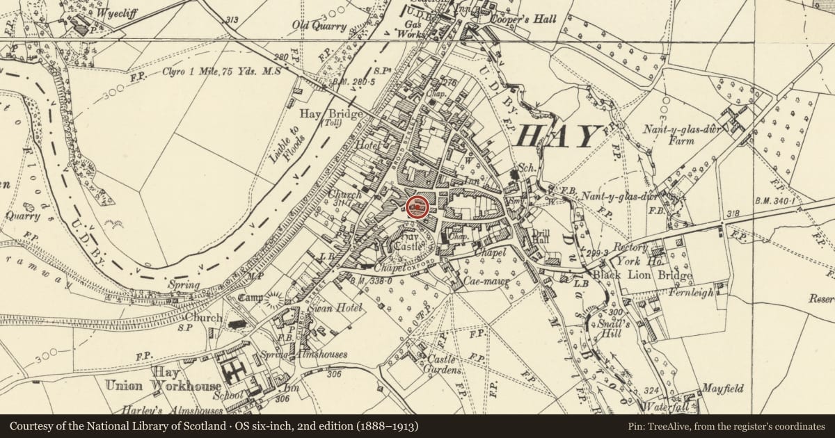Ordnance Survey six-inch map, 2nd edition (1888–1913) covering the location of Cheese Market, Hay, Powys, with a pin at the register's coordinates
