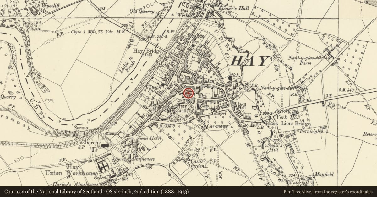 Ordnance Survey six-inch map, 2nd edition (1888–1913) covering the location of Butter Market, Hay, Powys, with a pin at the register's coordinates