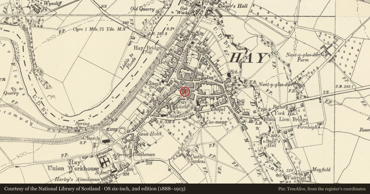 Ordnance Survey six-inch map, 2nd edition (1888–1913) covering the location of Pemberton's, Hay, Powys, with a pin at the register's coordinates