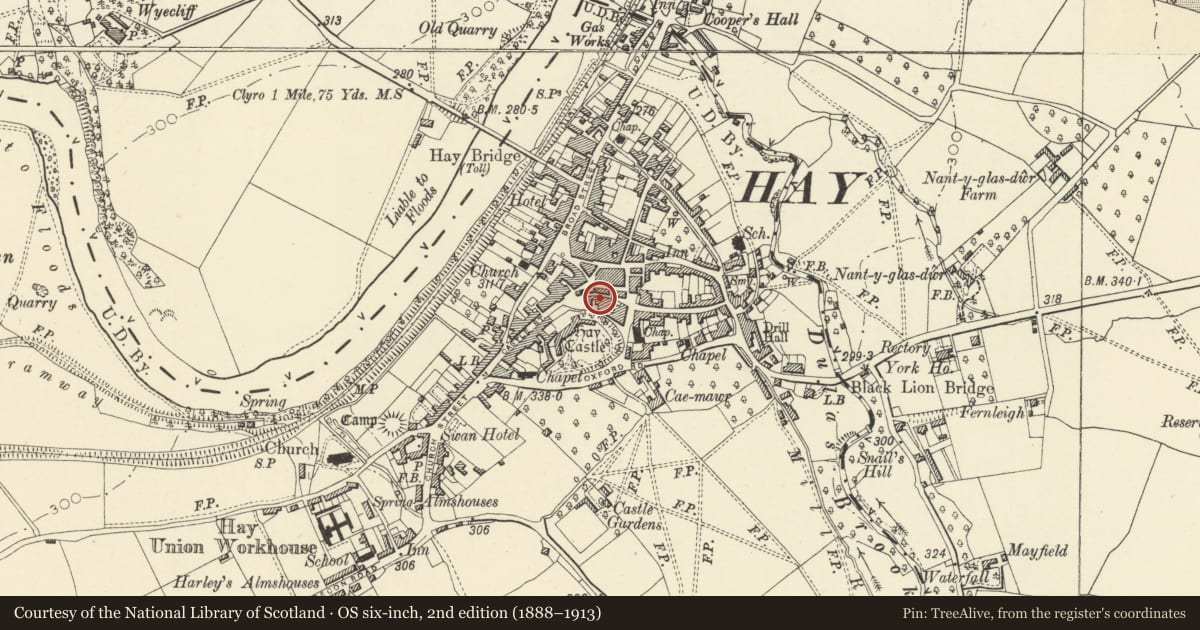 Ordnance Survey six-inch map, 2nd edition (1888–1913) covering the location of Hay Spinning Gallery, Powys, with a pin at the register's coordinates