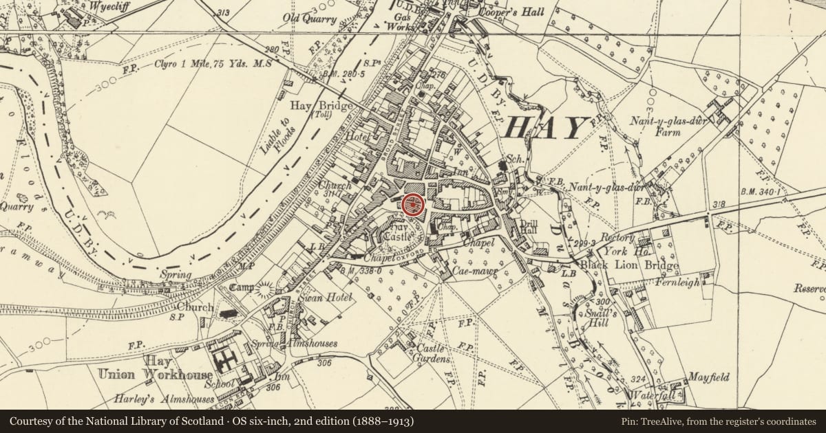 Ordnance Survey six-inch map, 2nd edition (1888–1913) covering the location of Lions Corner House Restaurant, Hay, Powys, with a pin at the register's coordinates