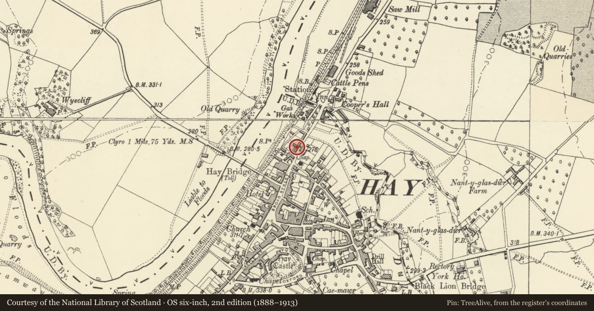 Ordnance Survey six-inch map, 2nd edition (1888–1913) covering the location of Rock House, Hay, Powys, with a pin at the register's coordinates