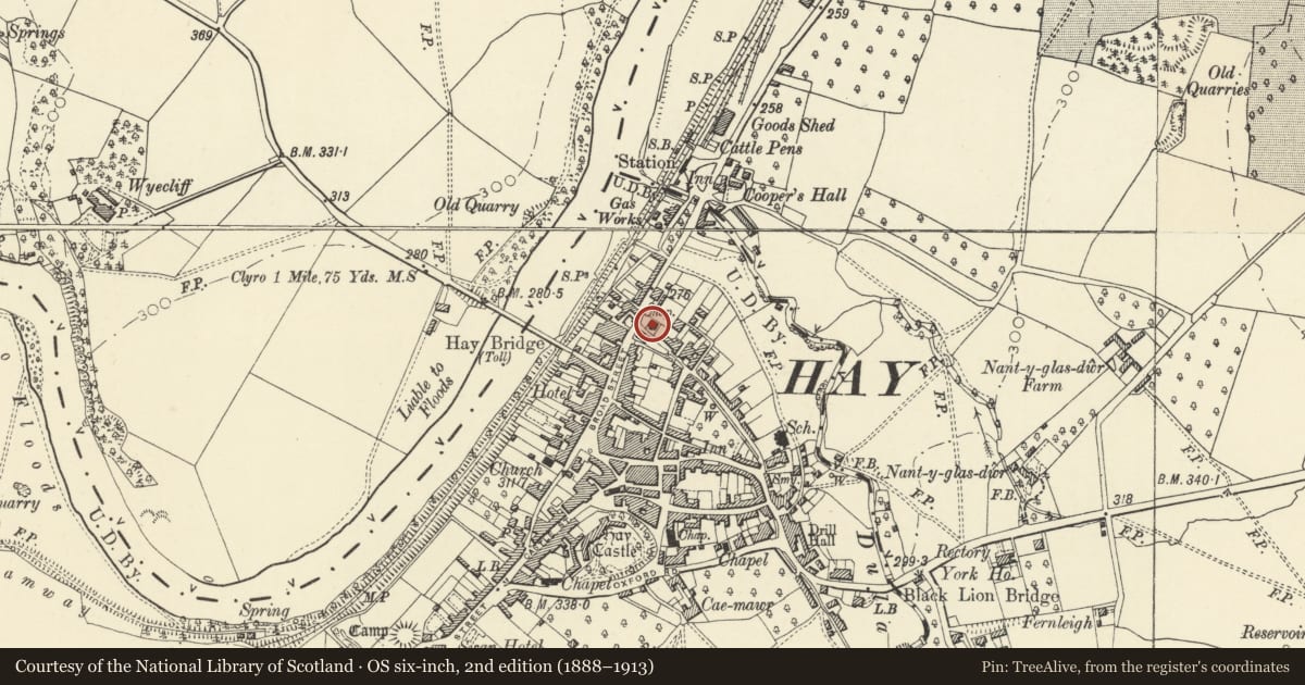Ordnance Survey six-inch map, 2nd edition (1888–1913) covering the location of Ebenezer United Reformed Church, Hay, Powys, with a pin at the register's coordinates