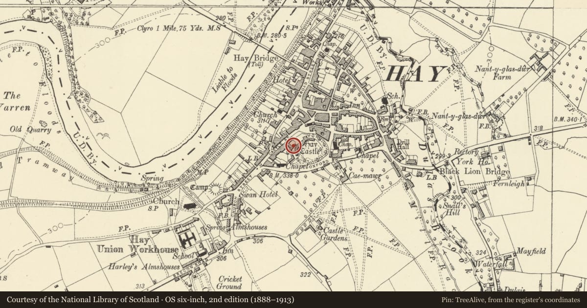 Ordnance Survey six-inch map, 2nd edition (1888–1913) covering the location of Outbuilding Range to SW of Hay Castle, Powys, with a pin at the register's coordinates