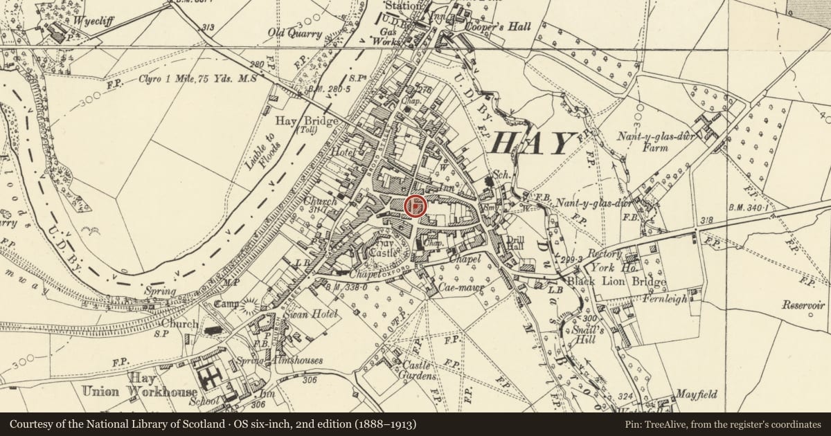 Ordnance Survey six-inch map, 2nd edition (1888–1913) covering the location of Arvona Gallery, Hay, Powys, with a pin at the register's coordinates