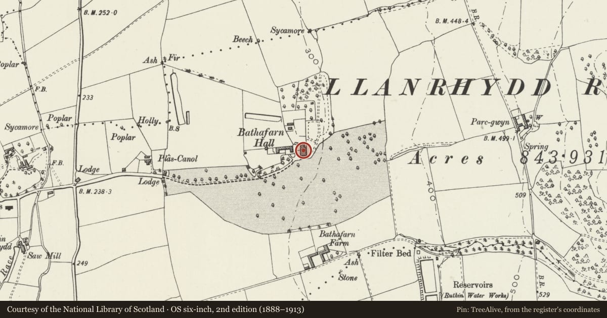 Ordnance Survey six-inch map, 2nd edition (1888–1913) covering the location of Bathafarn Hall, Llanbedr Dyffryn Clwyd, Denbighshire, with a pin at the register's coordinates
