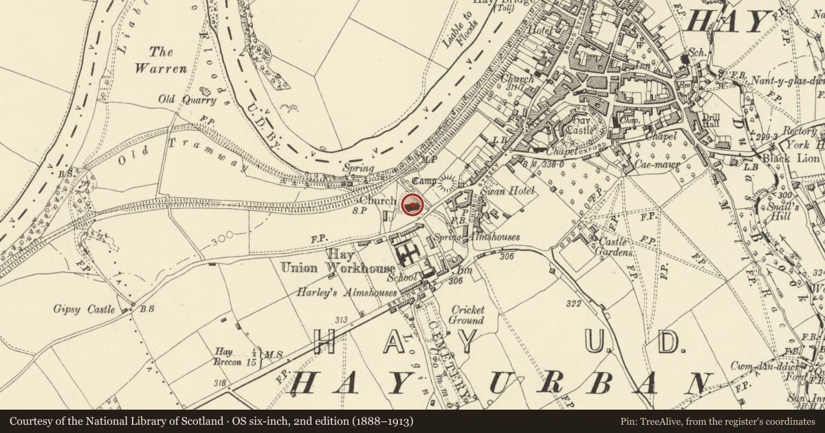 Ordnance Survey six-inch map, 2nd edition (1888–1913) covering the location of St Mary's Parish Church, Hay, Powys, with a pin at the register's coordinates
