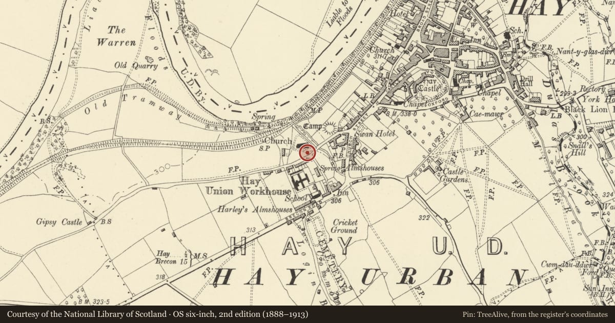 Ordnance Survey six-inch map, 2nd edition (1888–1913) covering the location of Sundial in the Churchyard of St Mary's Parish Church, Hay, Powys, with a pin at the register's coordinates