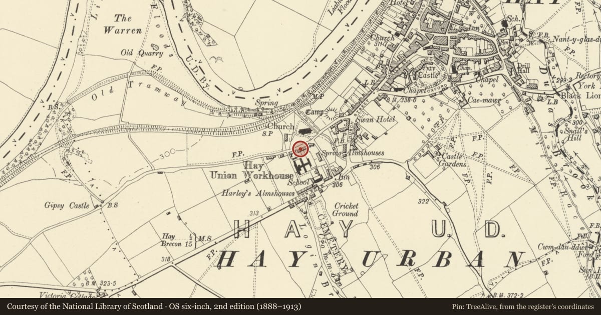 Ordnance Survey six-inch map, 2nd edition (1888–1913) covering the location of Rose Cottage, Hay, Powys, with a pin at the register's coordinates