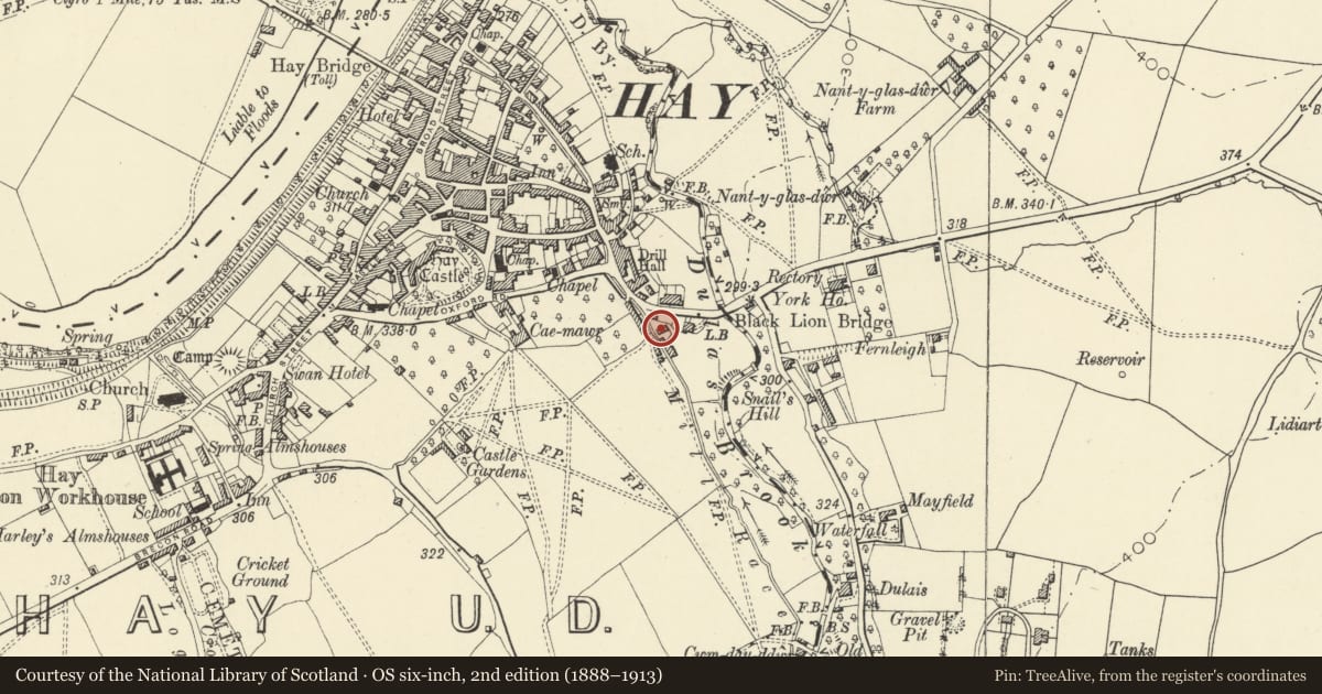 Ordnance Survey six-inch map, 2nd edition (1888–1913) covering the location of Barn at Bryntirion Dairy, Hay, Powys, with a pin at the register's coordinates