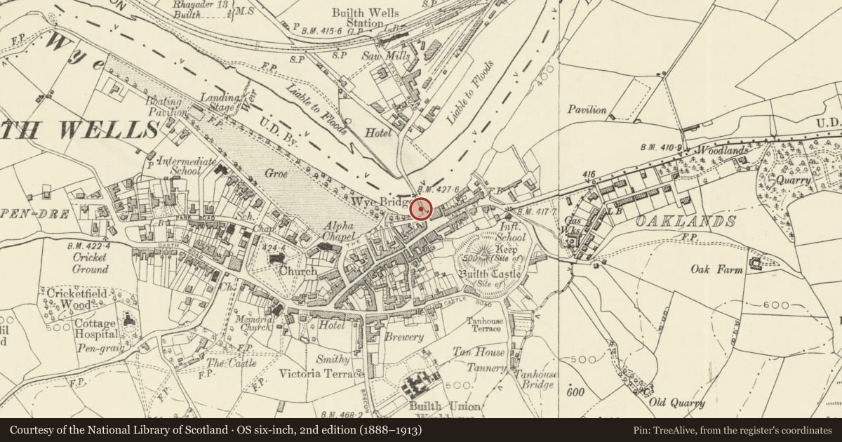 Ordnance Survey six-inch map, 2nd edition (1888–1913) covering the location of Wye Bridge, Builth, Powys, with a pin at the register's coordinates
