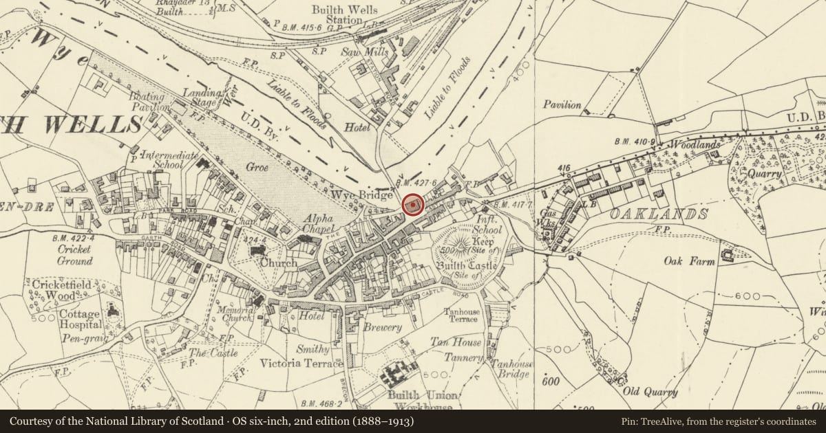 Ordnance Survey six-inch map, 2nd edition (1888–1913) covering the location of Wyeside Arts Centre, Builth, Powys, with a pin at the register's coordinates