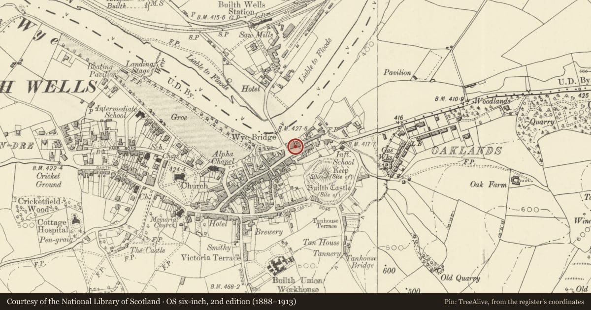 Ordnance Survey six-inch map, 2nd edition (1888–1913) covering the location of Telephone Call-box, Builth, Powys, with a pin at the register's coordinates