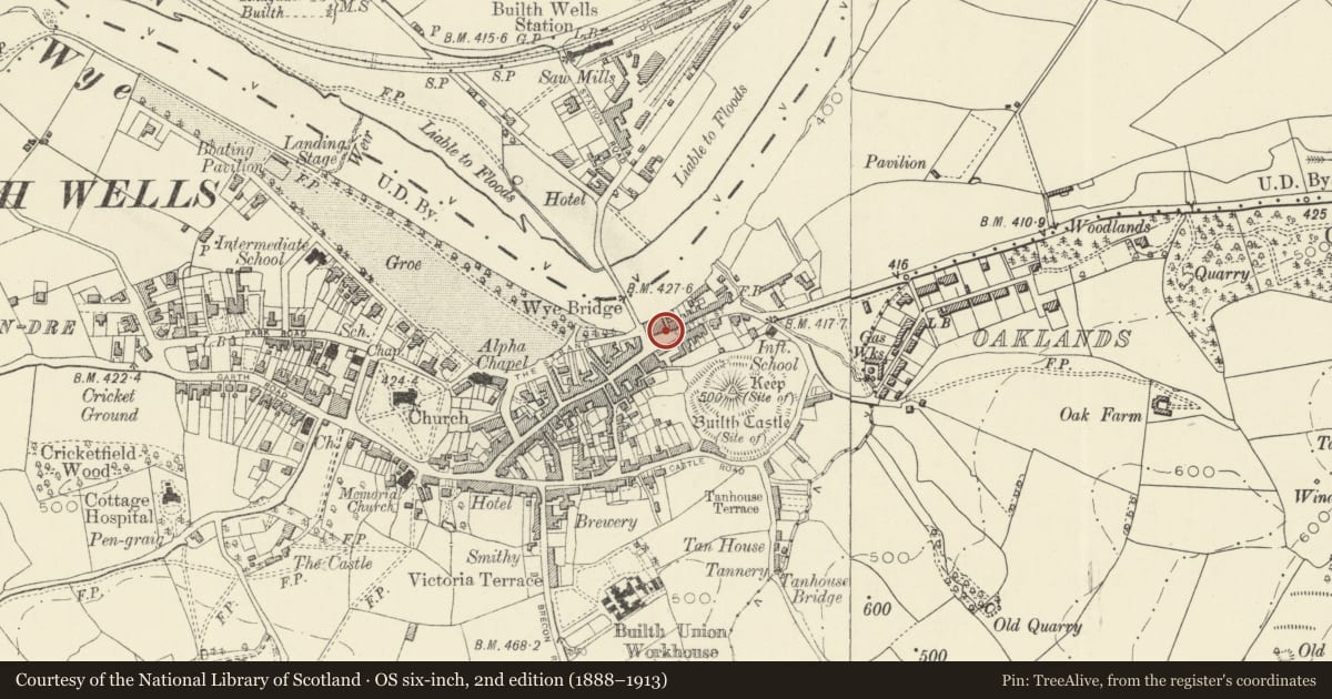 Ordnance Survey six-inch map, 2nd edition (1888–1913) covering the location of Pillar Box, Builth, Powys, with a pin at the register's coordinates