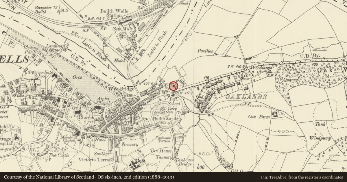 Ordnance Survey six-inch map, 2nd edition (1888–1913) covering the location of The White House, Builth, Powys, with a pin at the register's coordinates