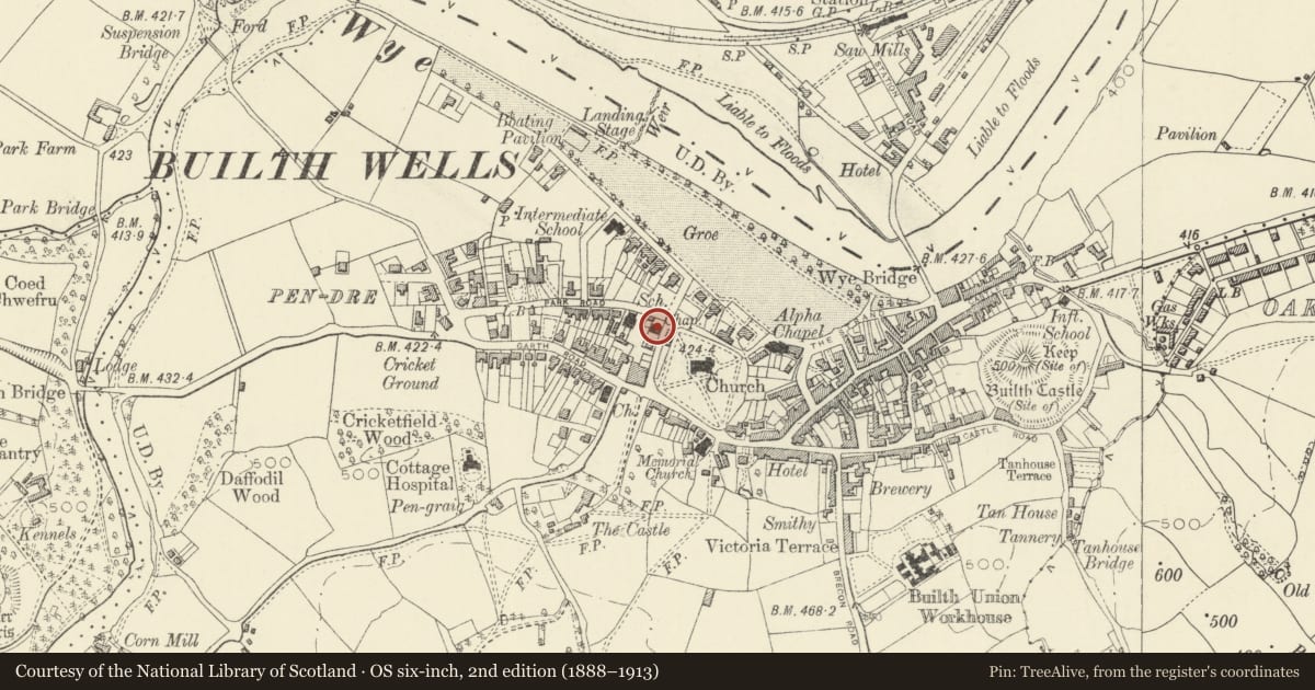Ordnance Survey six-inch map, 2nd edition (1888–1913) covering the location of Horeb Congregational Church, Builth, Powys, with a pin at the register's coordinates