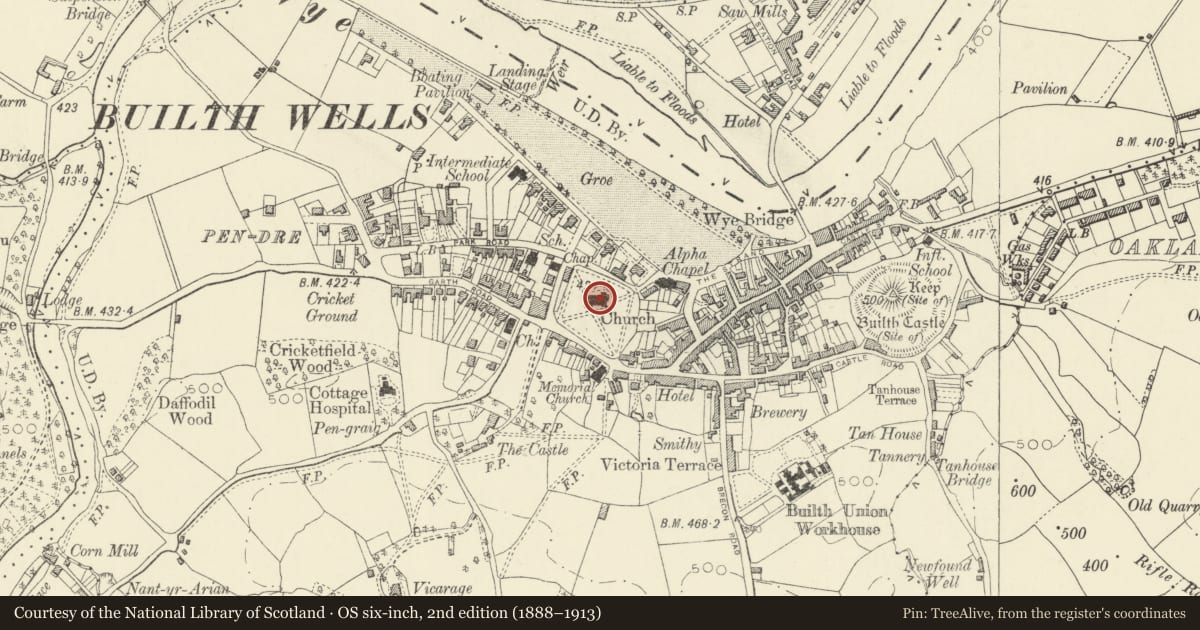 Ordnance Survey six-inch map, 2nd edition (1888–1913) covering the location of Parish church of St Mary, Builth, Powys, with a pin at the register's coordinates