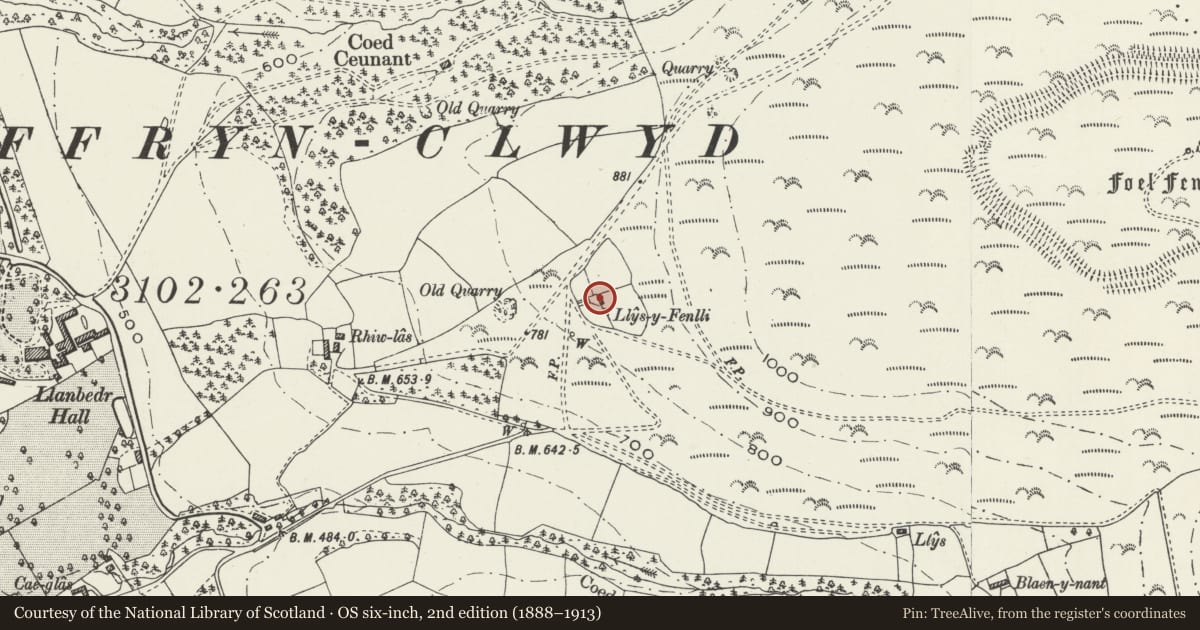 Ordnance Survey six-inch map, 2nd edition (1888–1913) covering the location of Halfway House, Llanbedr Dyffryn Clwyd, Denbighshire, with a pin at the register's coordinates
