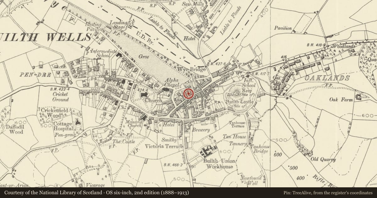Ordnance Survey six-inch map, 2nd edition (1888–1913) covering the location of Roy Brown's Coaches, Builth, Powys, with a pin at the register's coordinates