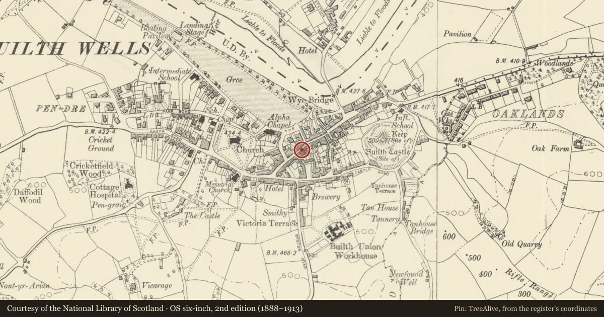 Ordnance Survey six-inch map, 2nd edition (1888–1913) covering the location of Hughes Outfitters, Builth, Powys, with a pin at the register's coordinates