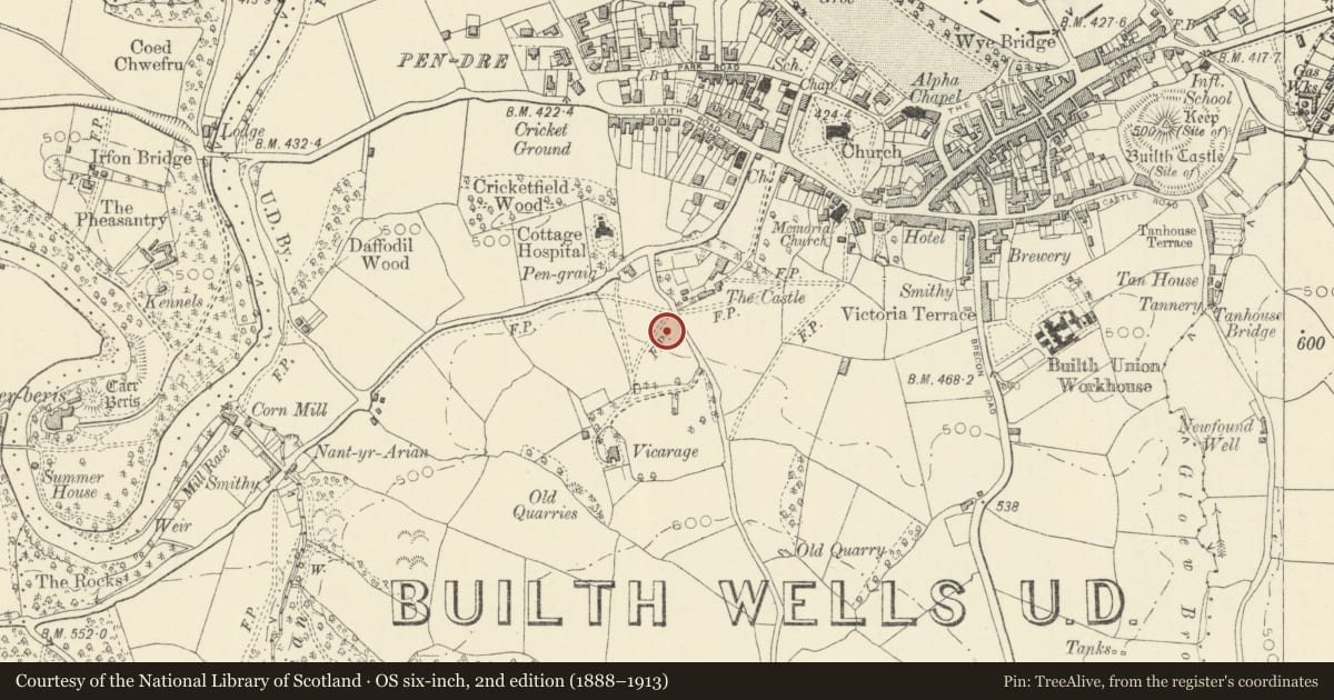 Ordnance Survey six-inch map, 2nd edition (1888–1913) covering the location of Pen Graig Barn, Builth, Powys, with a pin at the register's coordinates