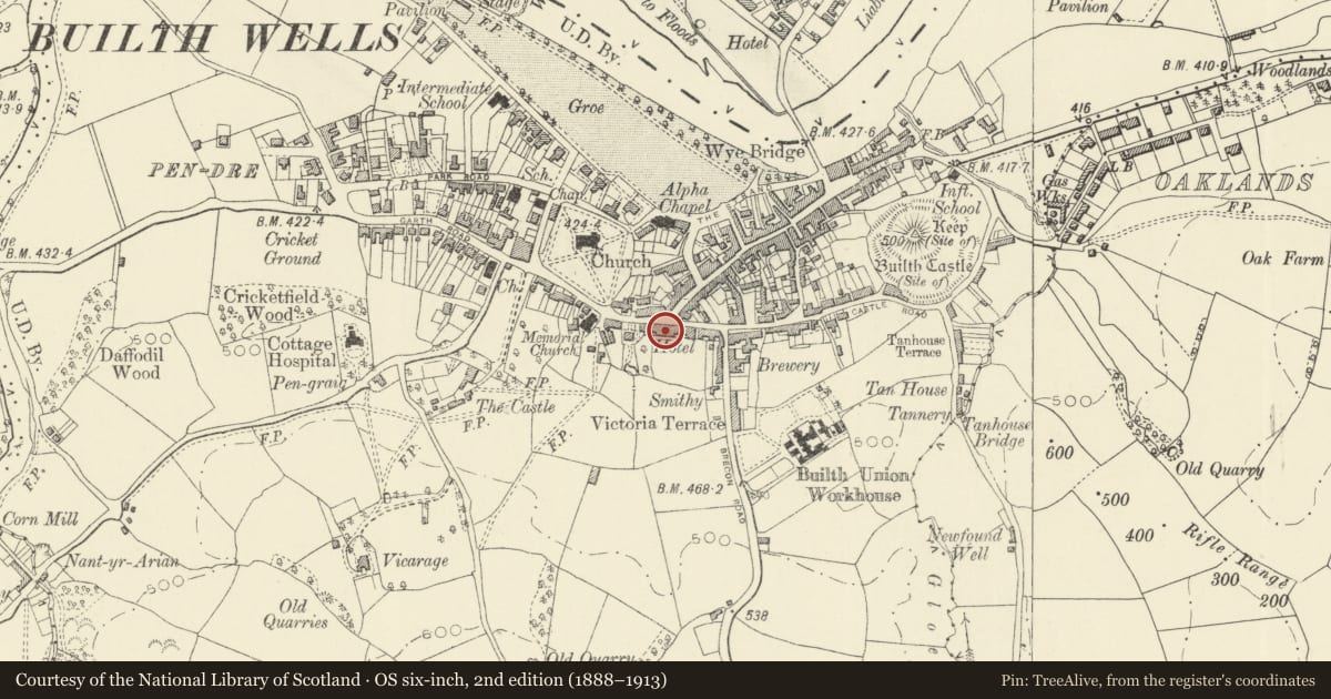 Ordnance Survey six-inch map, 2nd edition (1888–1913) covering the location of Swan Hotel, Builth, Powys, with a pin at the register's coordinates